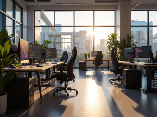 现代办公环境，开放式工作区域，配备高端电竞设备，年轻团队正在讨论项目，墙上挂着电竞比赛海报，明亮自然光