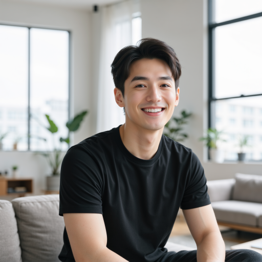 三十岁左右男性团队成员头像，穿黑色T恤，背景为电竞主题装饰，正面微笑，明亮自然光