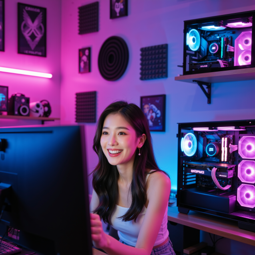 二十八岁左右女性团队成员头像，穿白色衬衫，背景为电竞主题装饰，正面微笑，明亮自然光