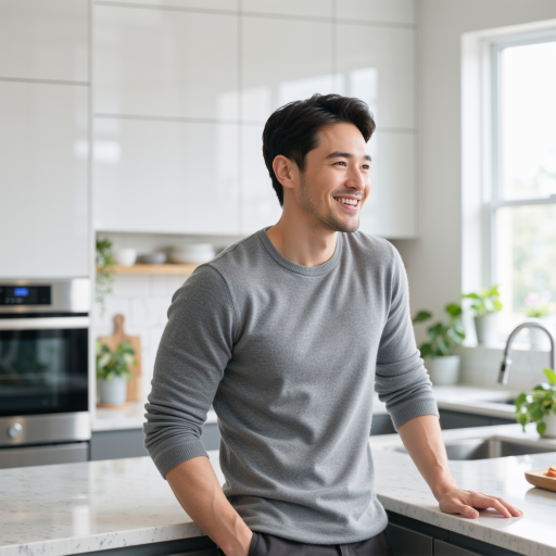 三十二岁左右男性团队成员头像，穿灰色卫衣，背景为电竞主题装饰，正面微笑，明亮自然光